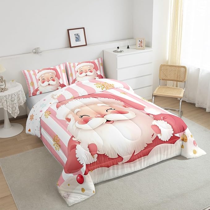 Feelyou Merry Christmas Decorations Full Size Comforter Set Santa Claus Bedding Set Pink Quilt Set Soft Warm Lightweight Duvet Set