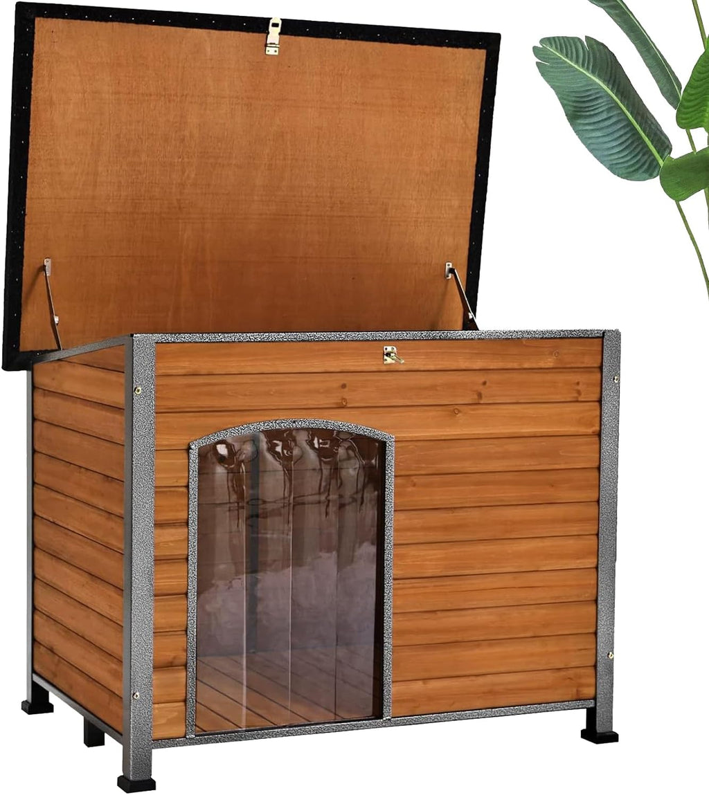Wooden Dog House Outdoor with Iron Frame, Weatherproof Dog Kennel with Removable Floor, Anti Bite Puppy Shelter with Openable Roof (Brown, 33.5'' x 25.2'' x 22'')