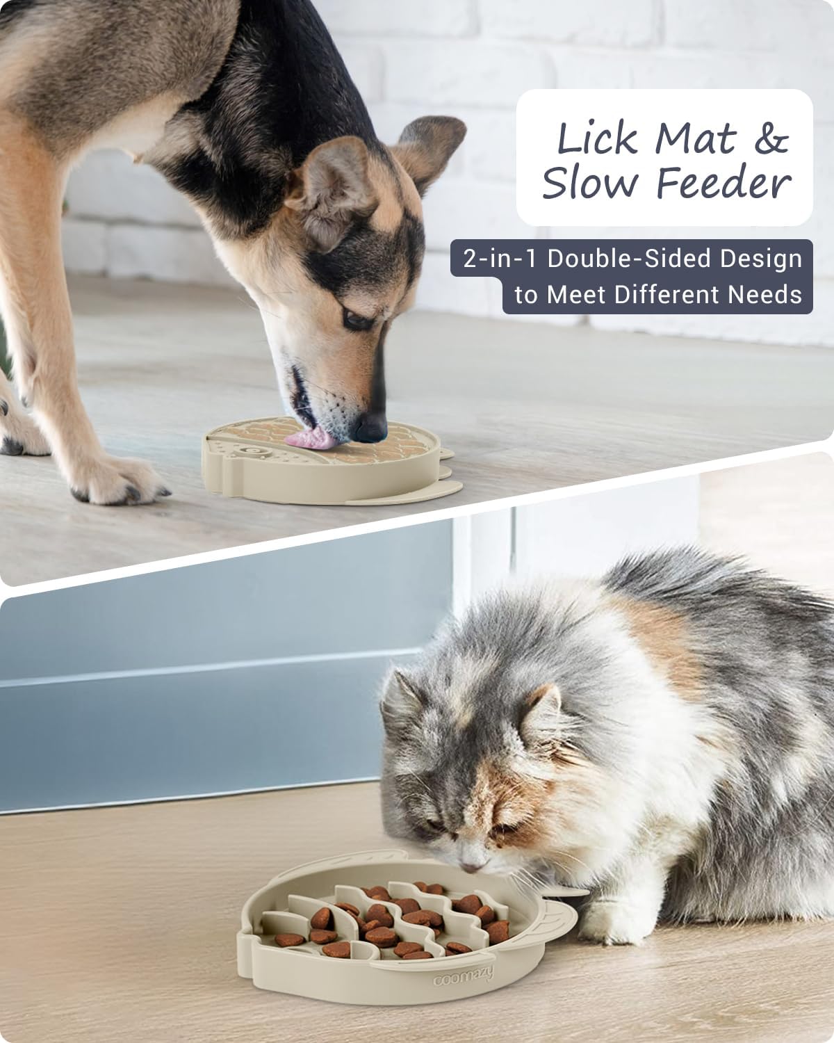 Coomazy 2-in-1 Silicone Slow Feeder Dog Cat Bowls, Lick Mat Interactive Puzzle Toy for Pets Food Training, Keeps Dogs Cats Busy, Prevents Puppy Kitty Overeating (Beige, 1.2 Cup)