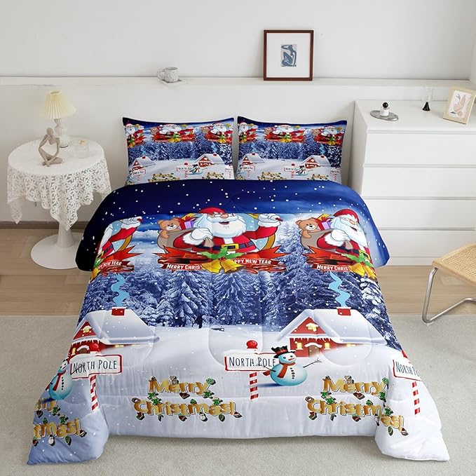 Feelyou Kids Christmas Bedding Set Xmas Santa Claus King Size Comforter Set for Boys Girls Merry Christmas Warmth Comforter Galaxy Blue Decor Quilt Collection 3Pcs