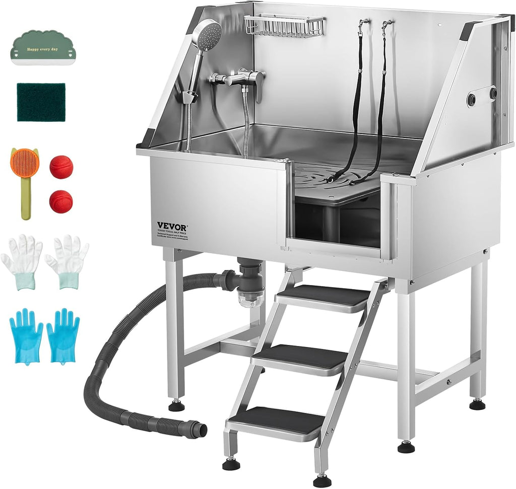 VEVOR Stainless Steel Dog Washing Station, 38 inch Pet Grooming Tub w/Storage Stairs, Faucet & Showerhead & Soap Holder Dog Bathtub for Medium & Small Pets (Right Door)