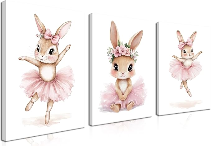 Baby Girl Nursery Wall Decor, Easter Nursery Canvas Wall Art Paintings Set of 3, Cute Animal Pink Bunny Posters Prints Pictures for Boys and Girls Room, Bedroom, Home Decor 12x16 In Framed