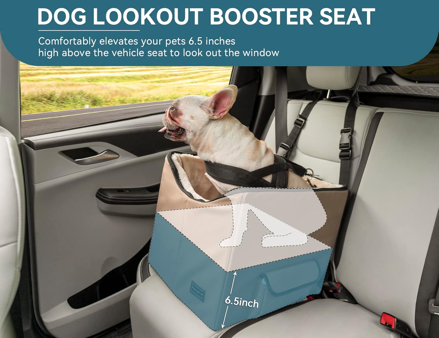 Petsfit Dog Booster Seat, Washable Pet Car Booster Bucket Seat with Portable Carrying Case for Puppy, Cats, Small Dogs (Small, Tan)