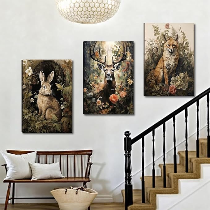 3pcs Vintage Forest Animal Canvas Wall Art Wild Animal Deer Rabbit Fox Paintings Pictures Dark Academia Wall Decor Gothic Botanical Posters Print Artwork for Living Room Office Decor 16x24in