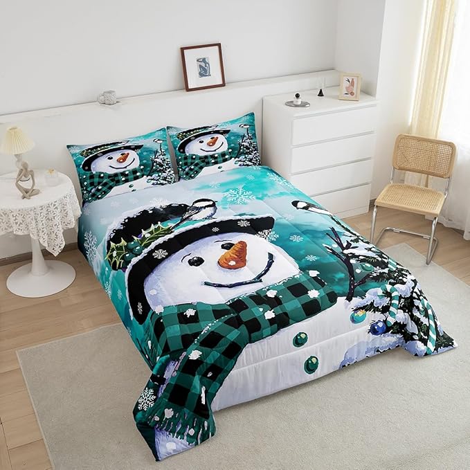 Feelyou Kids Christmas Theme Decorations Bedding Set Xmas Snowman Comforter Set for Boys Girls Watercolor Teal Bedroom Collection Twin Size