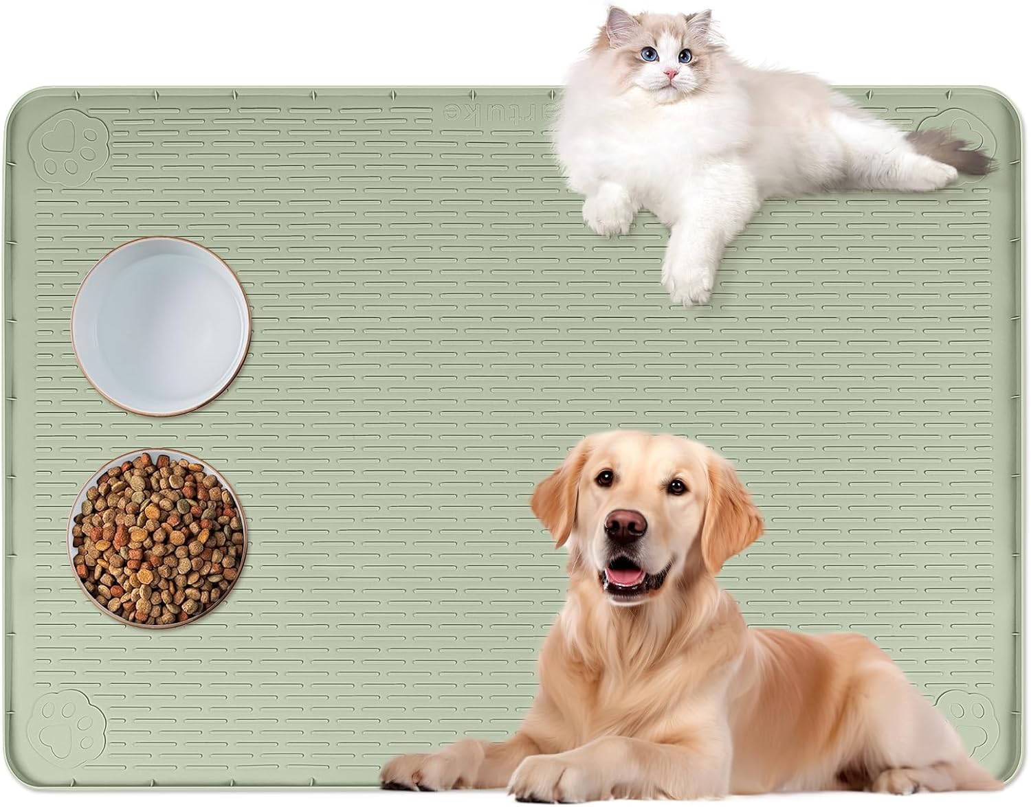 Cat Food Mat, 40" x 28" Extra Large Silicone Pet Feeding Mat with Raised Edge Pet Placemat for Food and Water Bowl Non-Slip, Easy to Clean, Floor Protection (Green)