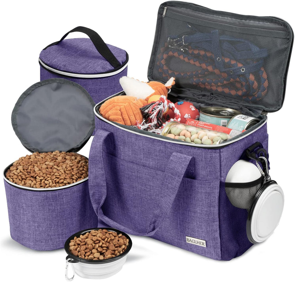 BAGLHER Dog Travel Bag Backpack Pet Supplies Backpack 5-Piece Set with Shoulder Strap 2 Lined Pet Food Containers 4 Foldable Feeding Bowls Essential Kit for Pet Travel