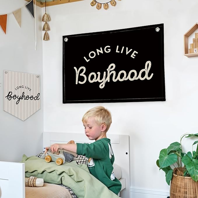 Lacama Long Live Boyhood Boys Room Decor, Boy Nursery Decor, Canvas Banner Wall Hanging Banner Flag Decor for Nursery Playroom Toddler Room, Boys Kids Rooms Decor 30x20 Inch (Black)