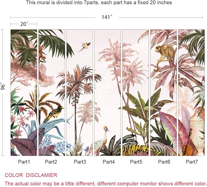 Tropical Wallpaper Botanical Palm Leaf Wall Mural Jungle Forest Rainforest Mural Wallpaper(Not Peel n' Stick)