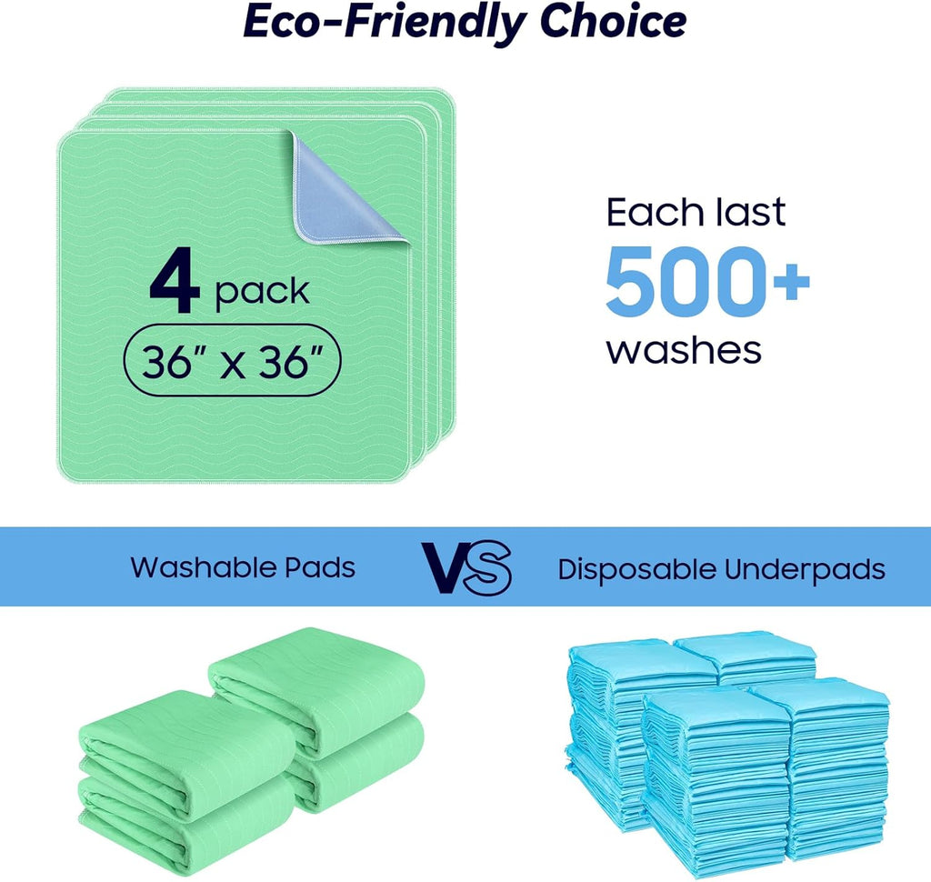 4 Pack 36” x 36” Extra Heavy Absorbency Washable Underpads, Waterproof Quick Drying Nursing Pads Incontinence Bed Pads, Reusable Washable Pee Pads for Dogs, Diaper Changing & Adults