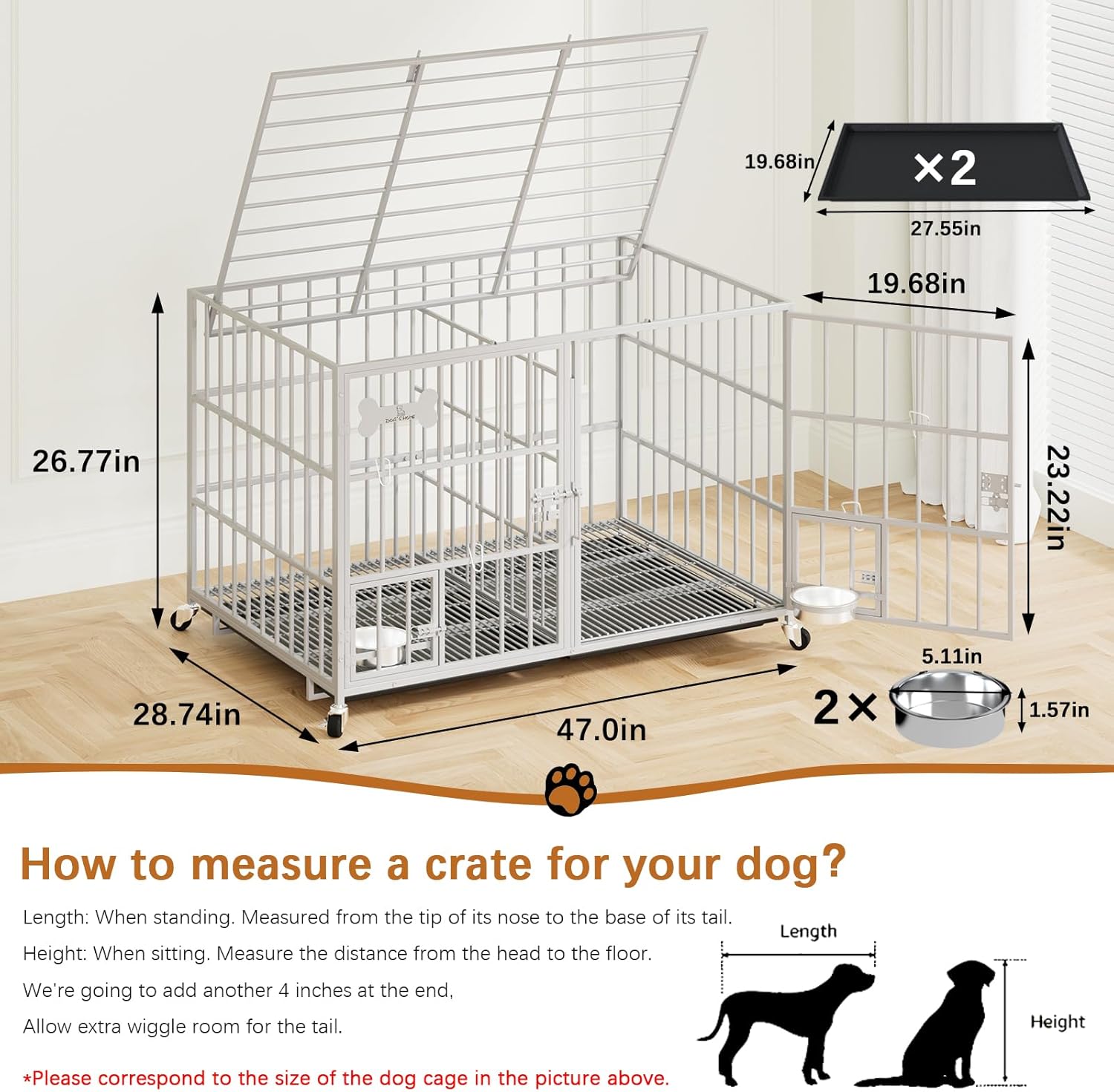 aboxoo 48/42 inch Heavy Duty Metal Dog Crate for 2 Dogs/Large Dog,All Metal Open Top,Dog Kennel Indoor with Wheels,Floor Grid, Tray, Divider and Feeding Bowl (Sliver)