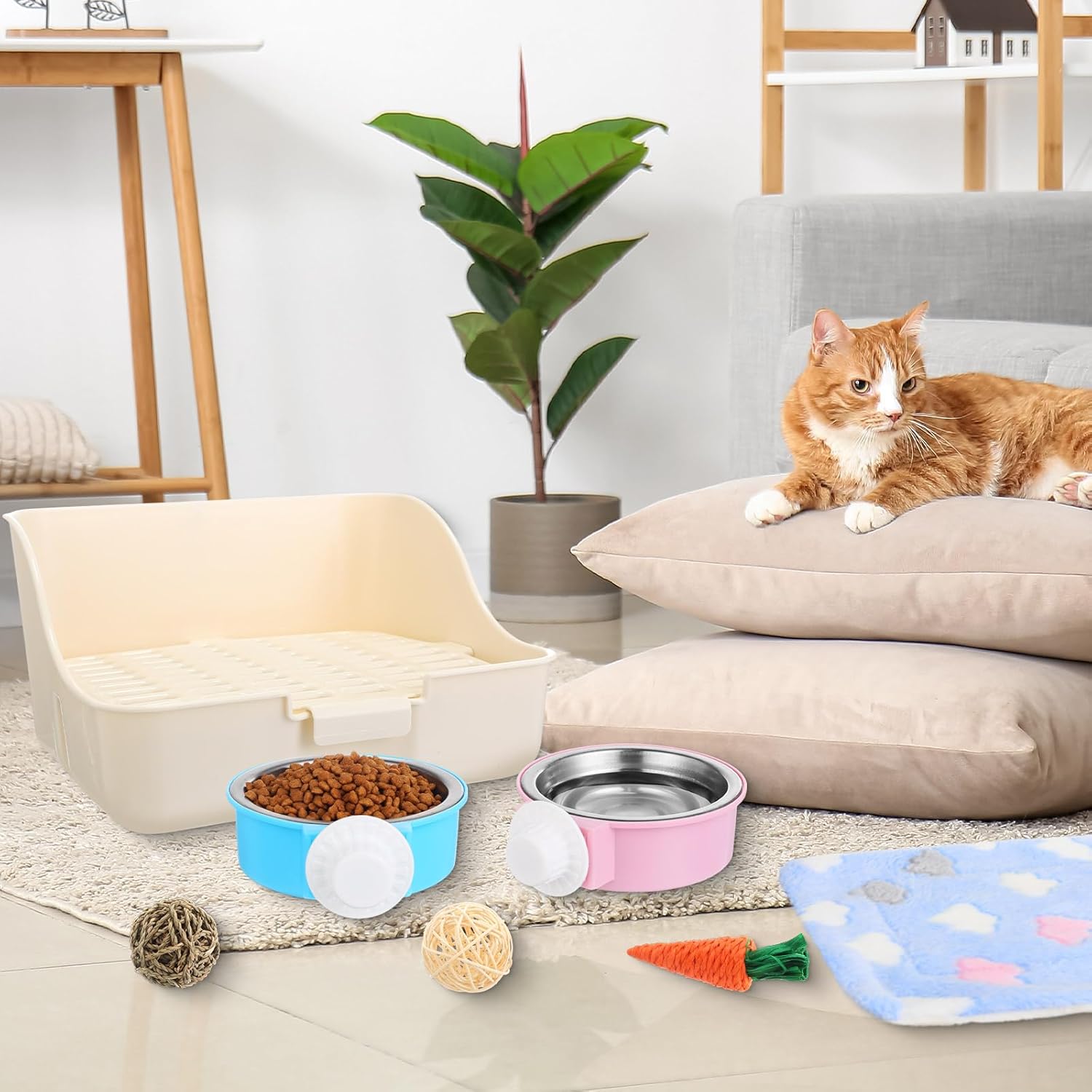 15 Pcs Rabbit Starter Kit Small Rabbit Litter Box Animal Grooming Kit Bunny Toys Bowl Blankets with Cleaning Set for Guinea Pig Accessories(Green)
