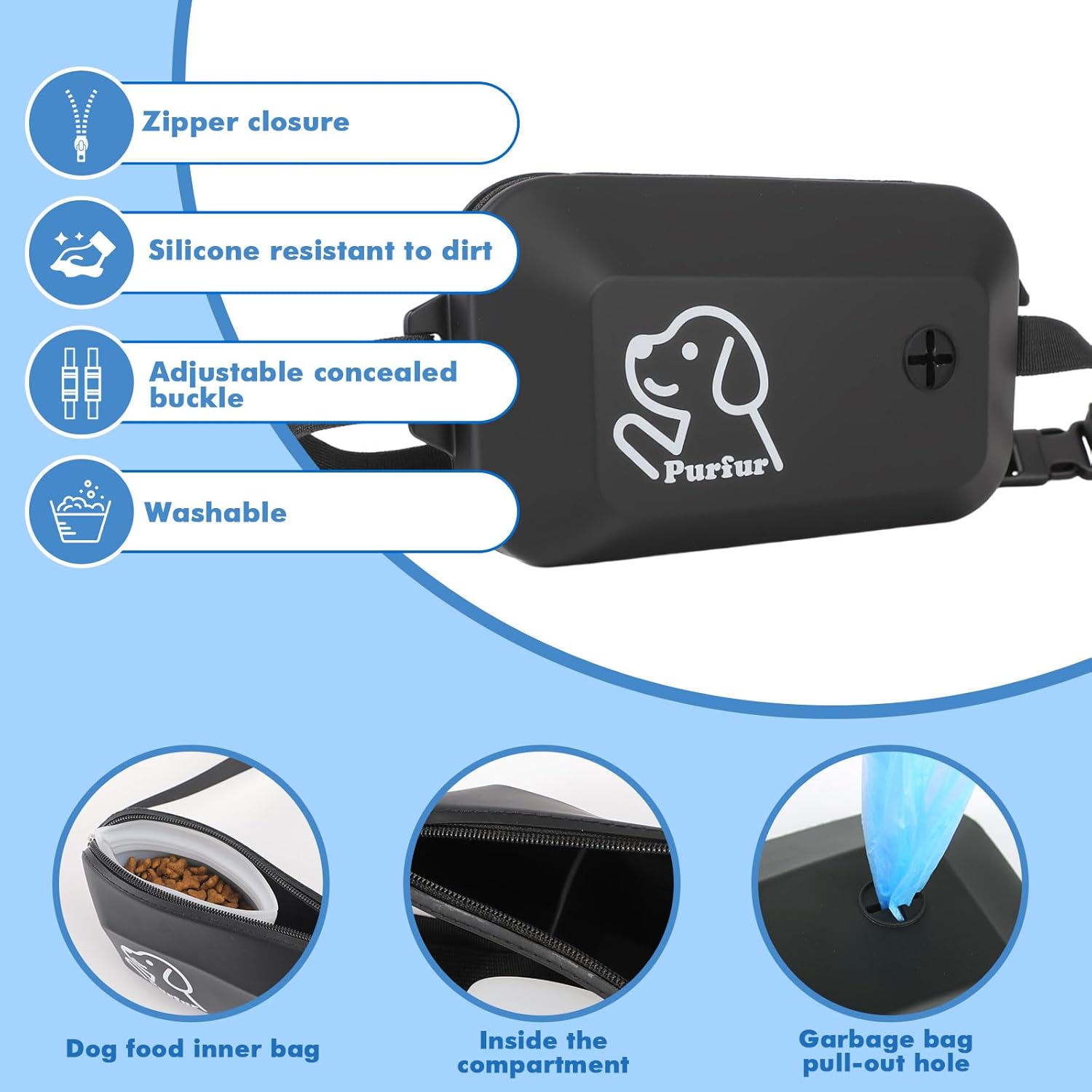Dog Treat Pouch with Clicker & Poop Bag Holder – Waterproof Silicone, Adjustable Waist Belt for Training & Walking – Puppy Treat Pouch for Pet Training (Black)