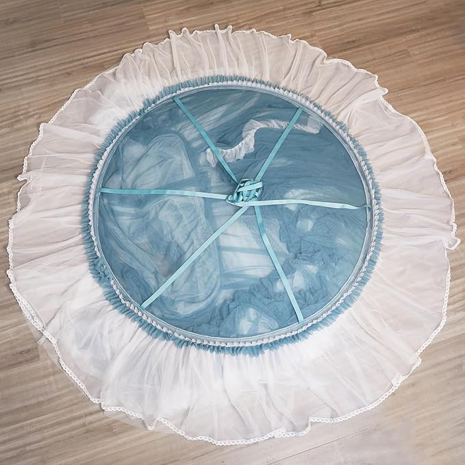 AIKASY Princess Bed Canopy for Girls & Adults, Elegant Double-Layer Bed Curtain, Children's Dream Round Lace Mosquito Net - Fits Twin, Full, Queen, and King Beds(Blue/White)