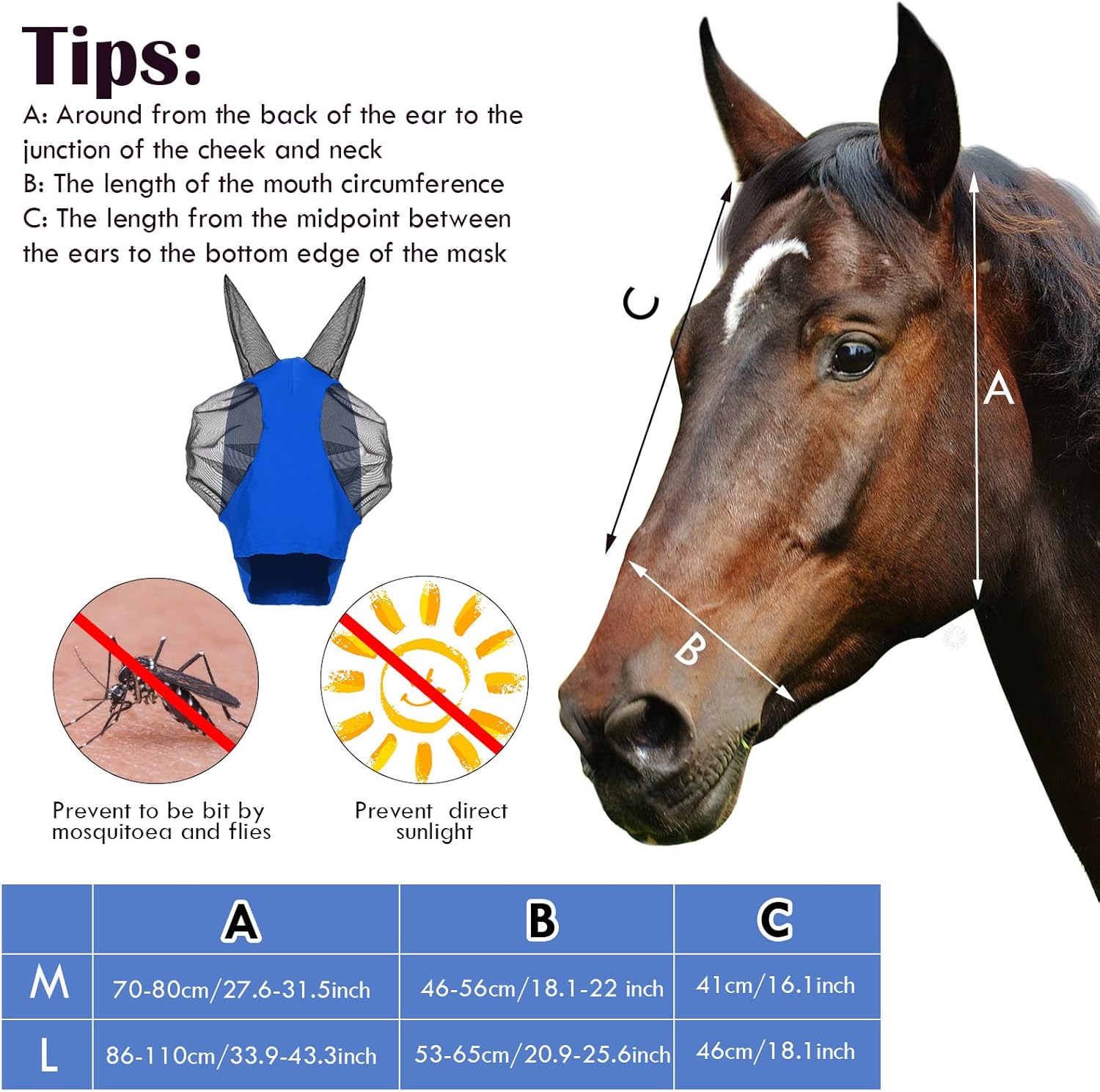 Sadnyy 6 Pcs Horse Fly Masks with Ears Comfort Breathable Mesh Fly Masks Net UV Protection Large Eye Space Full Face Covering Elasticity Soft for Horses(Large)