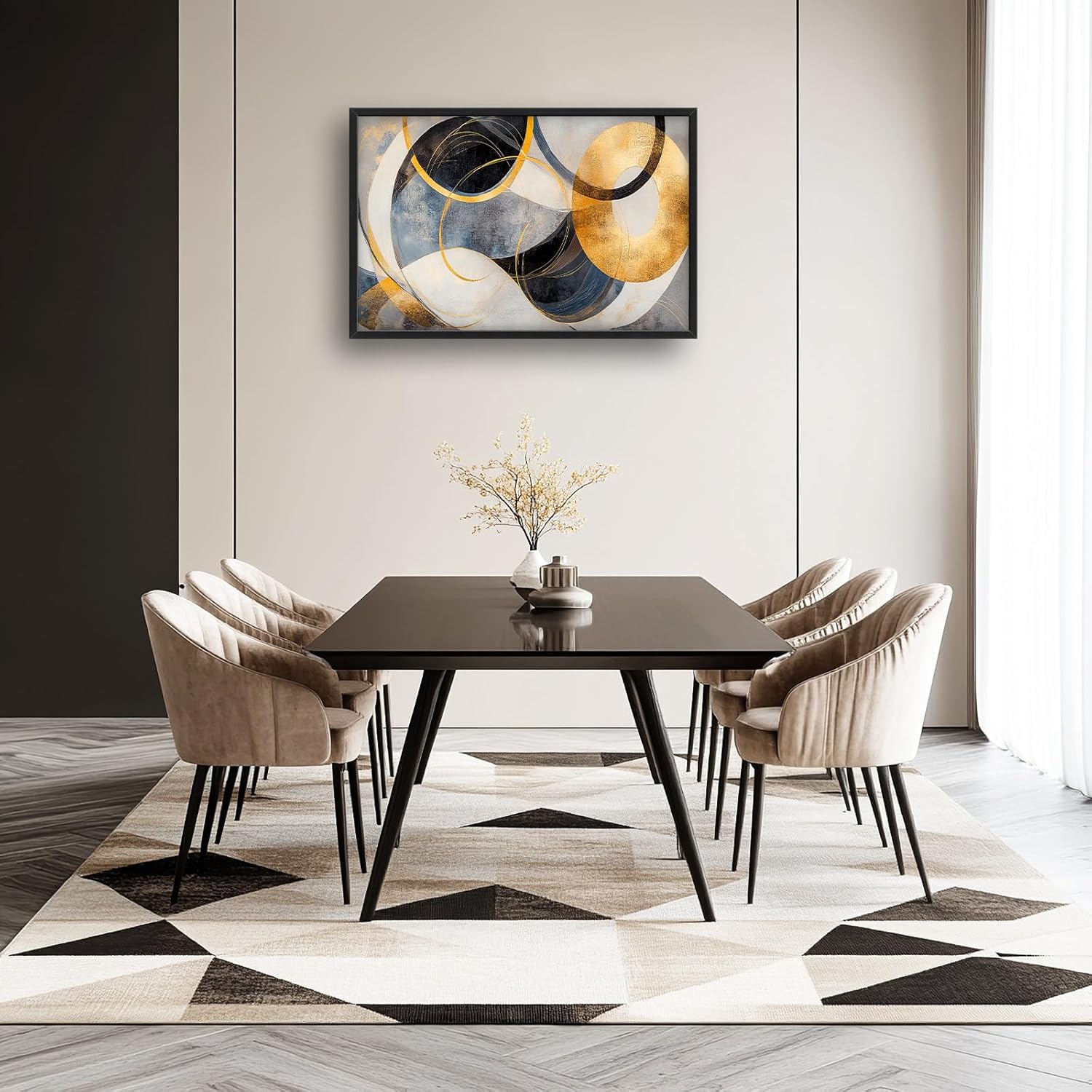 Large Abstract Wall Art for Living Room, Oversized Abstract Circle Wall Decor, Black and Golden Abstract Canvas Painting Modern Artwork Home Decoration for Living Room Bedroom Office Framed 36"x24"