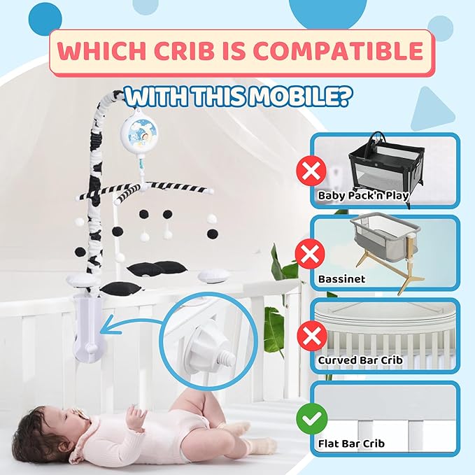 Starry Night Mobile - Cloud and Star Mobile with 12 Piano Lullabies - Black and White Baby Crib Mobile for Boys & Girls