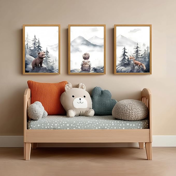 kilamino Neutral Woodland Wild Animal Wall Art, Cute Bear Fox Nursery Wall Decor, Adventure Boy Poster Prints, Vintage Forest Animal Canvas Paintings for Baby Room Playroom Wood Framed 16"x24"x3