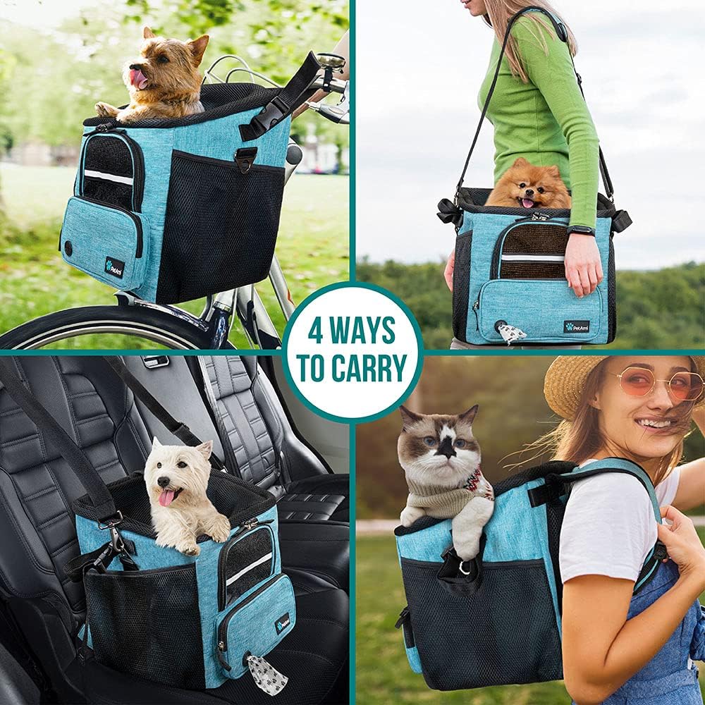 PetAmi Dog Bike Basket, Soft-Sided Ventilated Dog Bike Carrier Backpack, Pet Bicycle Basket for Bike Handlebar, Small Medium Puppy Cat Kitten Car Booster Seat with Safety Strap, Max 18 lbs, Blue