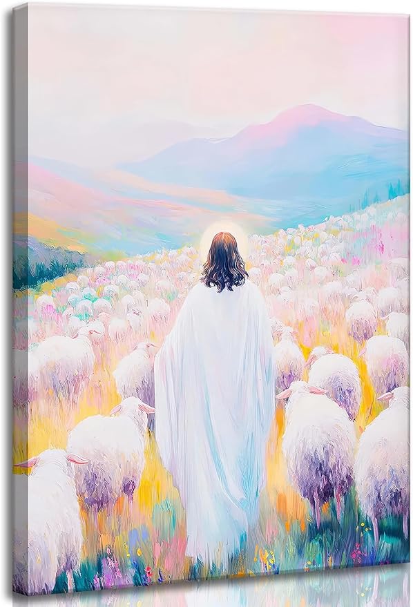 Pink Jesus Canvas Wall Art Christian Jesus And Lamb Shepherd Bible Stories Painting Picture Religious Beliefs Poster Print Artwork for Living Room Bedroom Church Home Decoration