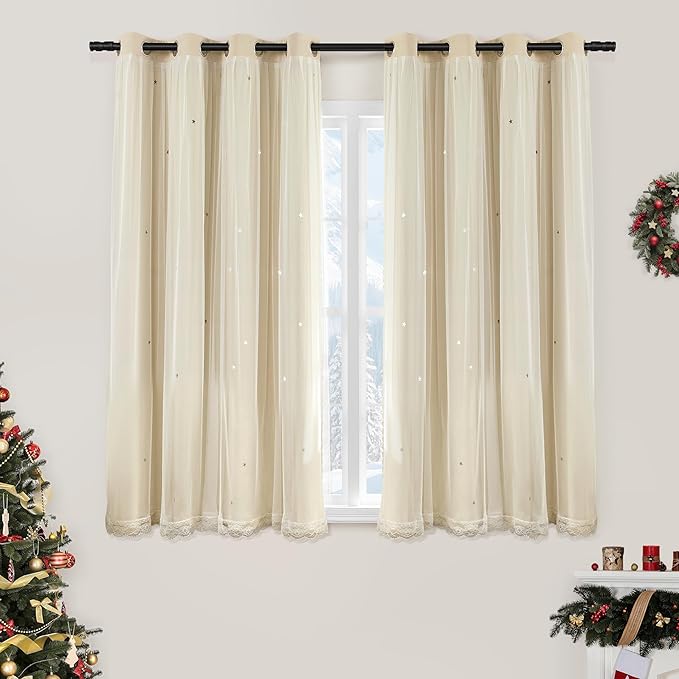 XiDi Beige Curtains with Sheer Overlay for Living Room Bedroom 2 Panels Star Hollow Out 80% Blackout Double Layer Curtains for Kids Girls Room Darkening Grommet Window Drapes with Tiebacks W52 X L63