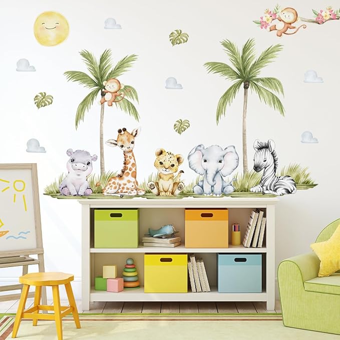 56.29 x 44.88 Inch Watercolor Animal Wall Decals Jungle Animal Stickers Tiger Elephant Zebra Giraffe Monkey Hippo Wall Stickers for Baby Nursery Bedroom Classroom Kindergarten Wall Decor