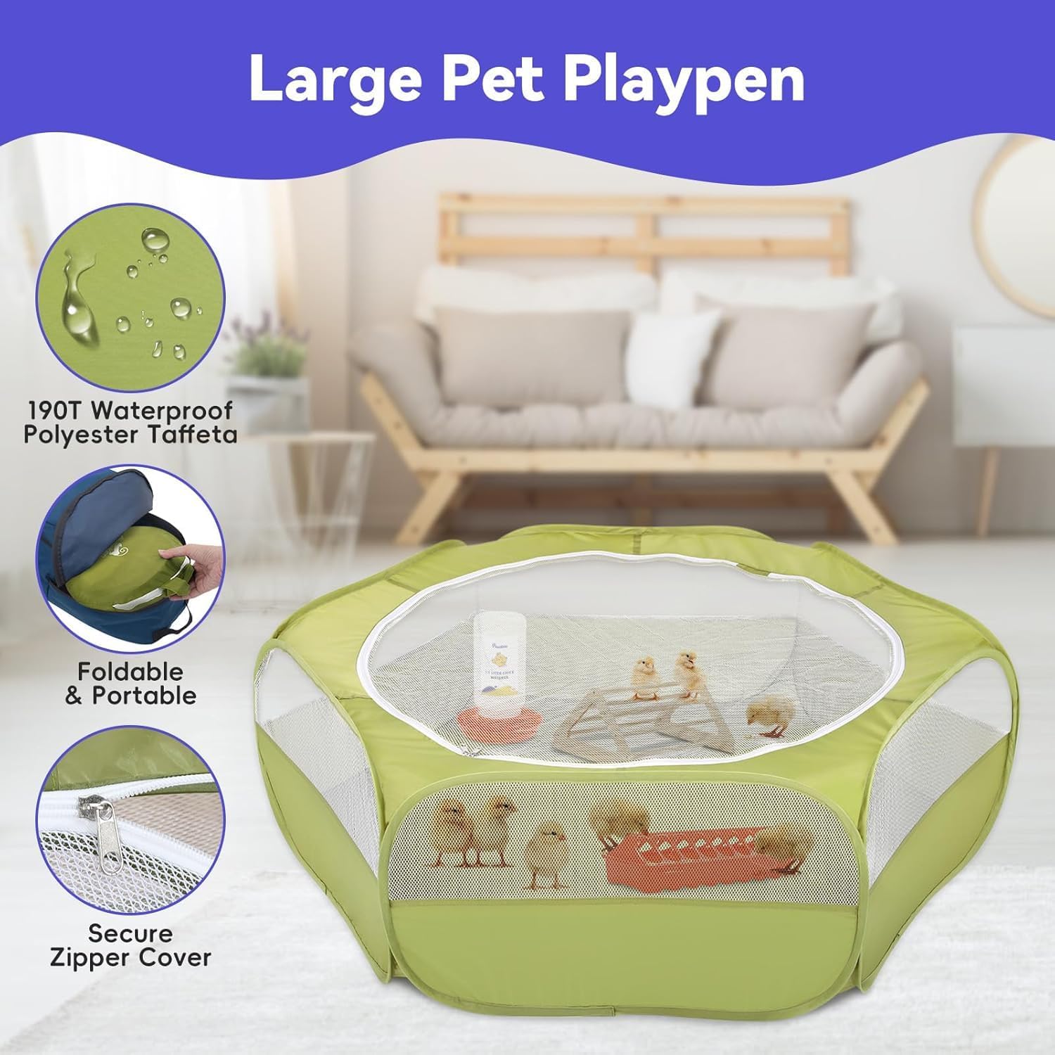 Pawaboo 5-in-1 Chicken Brooder Box for Chick Starter Kit, Includes Pet Cage Tent, Chicks Perch, Chick Feeder, 1.1L Chick Waterer, Baby Chick Supplies (Brooder Set), Green + Red + Wood Color