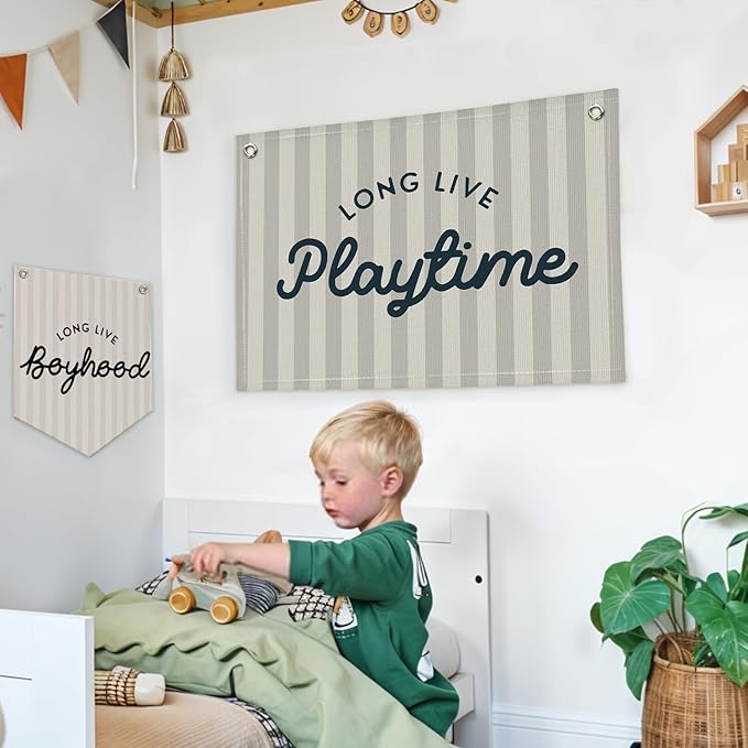 Lacama Playroom Decor, Play Room Wall Decor, Long Live Playtime Linen Banner Wall Hanging, Boho Beige Banner Flag Decor for Nursery Boys Room 30x20 Inch