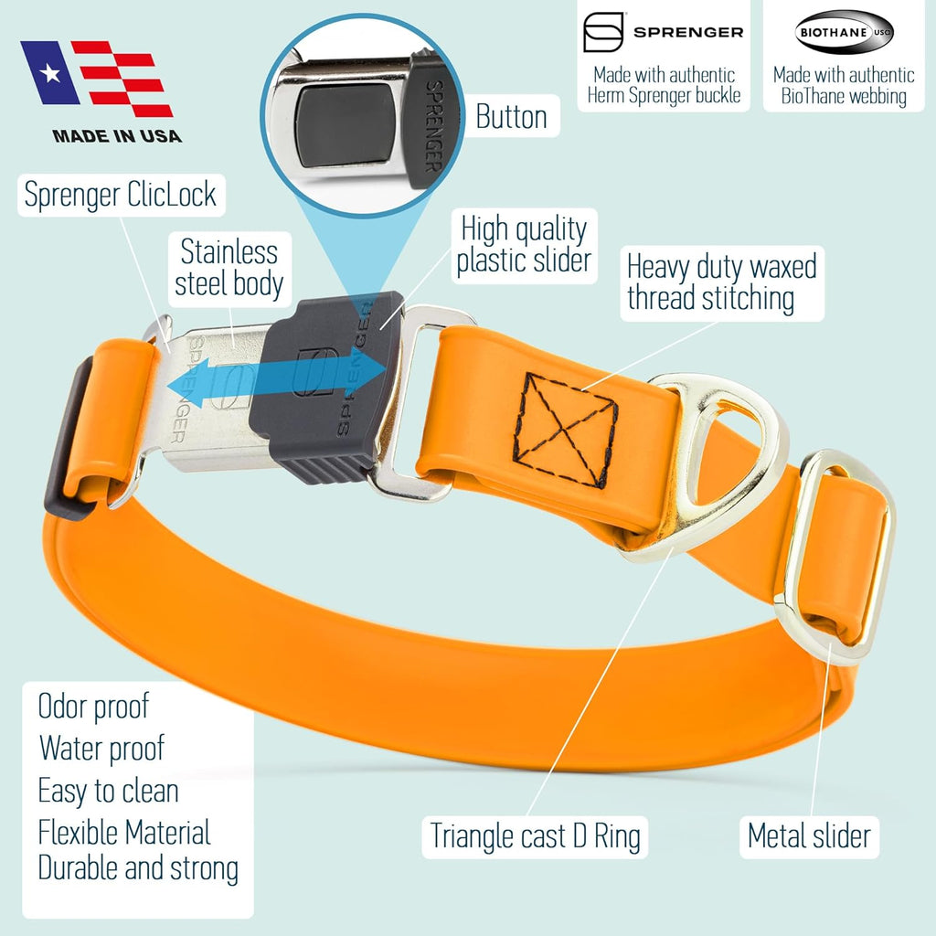 Dogline Biothane Waterproof Dog Collar with Herm Sprenger Black Stainless Steel Quick Release Buckle – Heavy Duty Tactical Durable Collar for Dogs – Comfortable Pet Collar W3/4" L12-19 Tangerine