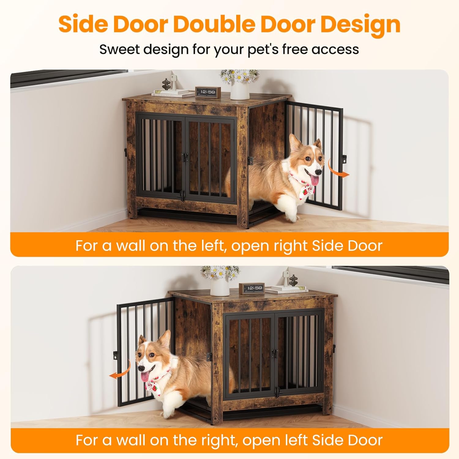 Dog Crate Furniture, Dog Crate End Table for Small and Medium Dogs,Wooden Cage Kennel Furniture Indoor, Modern Dog Crate with Multi-Purpose Removable Tray, Double-Doors Dog Furniture, Rustic Brown