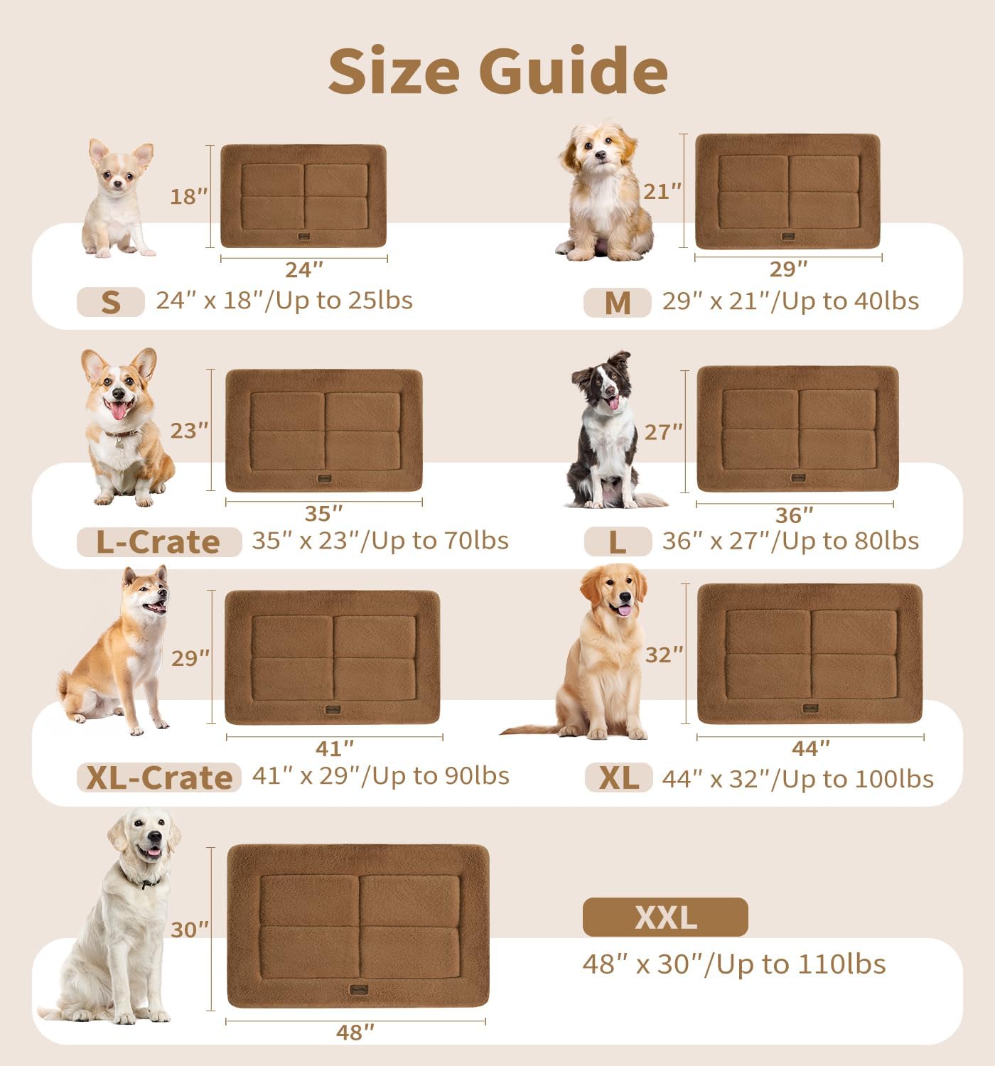 Made4Pets Dog Crate Pad Bed for Large Dogs, Washable & Reversible, Anti-Slip Kennel Mat for Cozy Sleeping, Soft Fluffy Dog Bed for Indoor & Outdoor Use, 41"x29", Brown