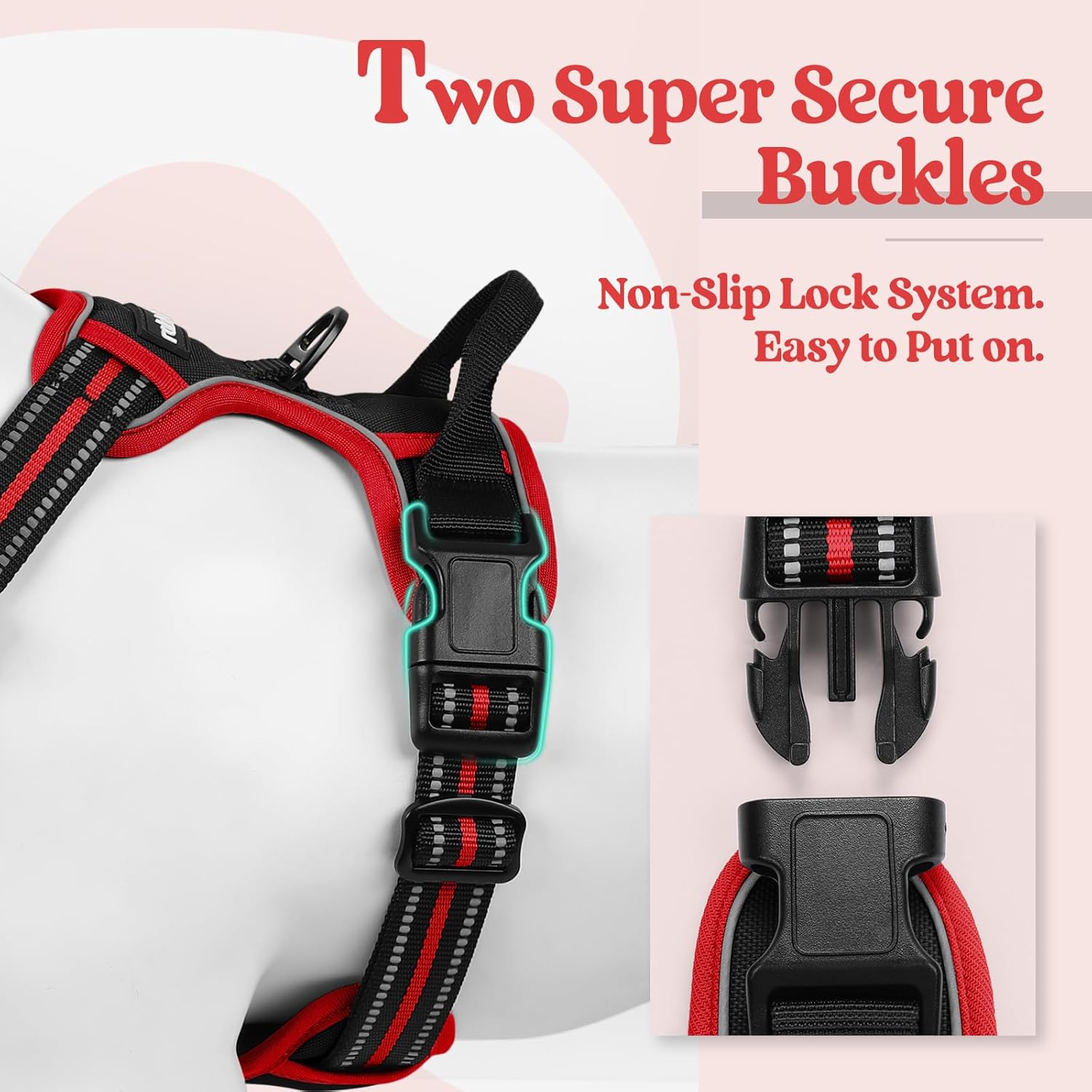 rabbitgoo Dog Harness No Pull with 2 Leash Clips, Adjustable Soft Padded, Reflective Oxford No Choke Pet Vest with Easy Control Handle for Medium Sized Dogs, Black & Red, M