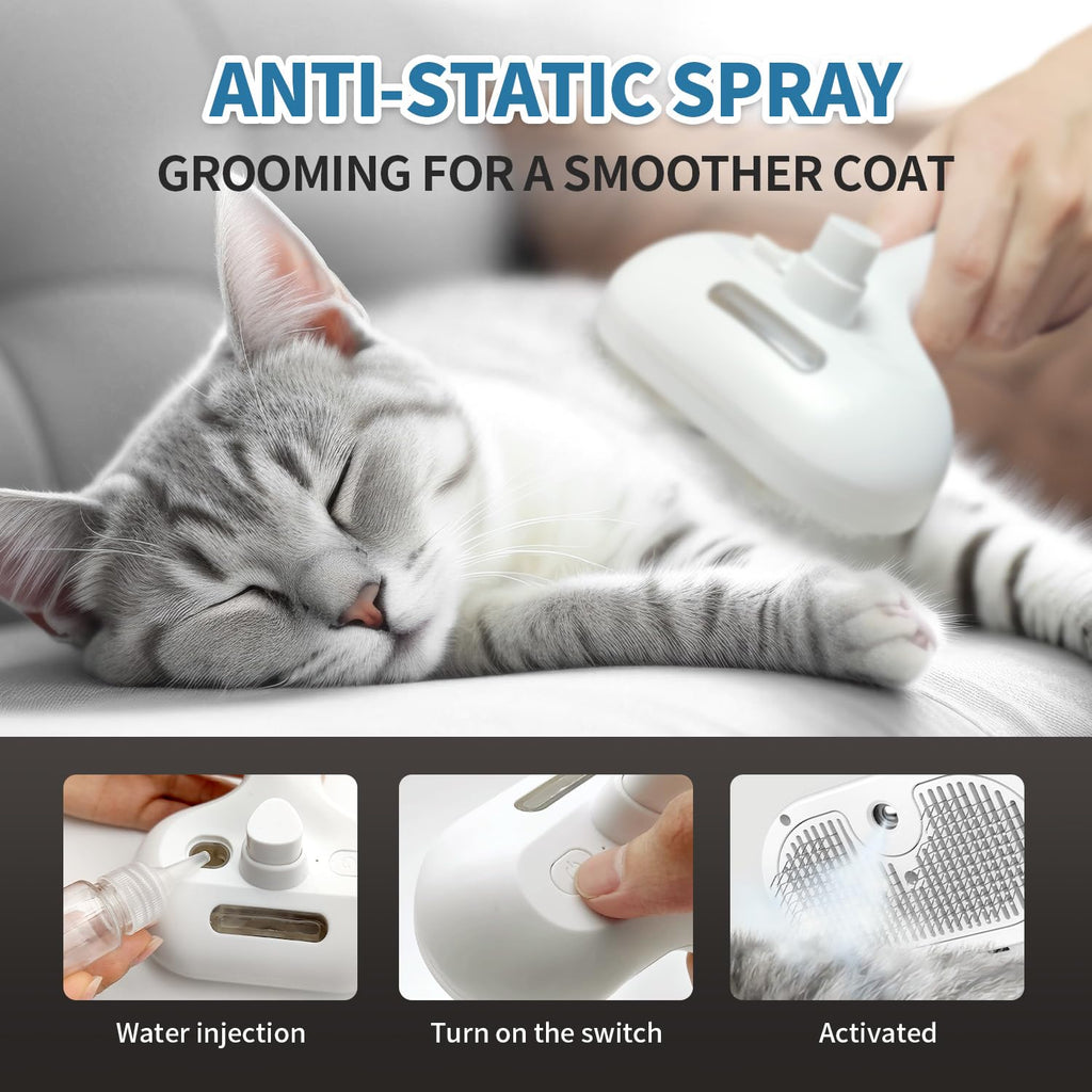 3 In 1 Self Cleaning Steamy Pet Brush - Anti-Static, Grooming Tool for Long and Short Hair Pets, Removes Loose Hair and Reduces Shedding, White