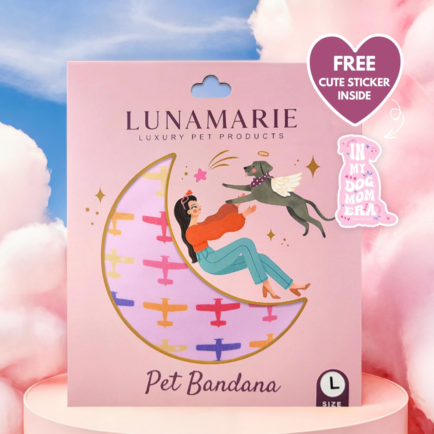 LunaMarie - Luxury Pet Birthday Bandanas -Premium & Silky Poly Fabric | 100% Handmade | Custom Shape Dual Layered (Aviator Glam, Medium)