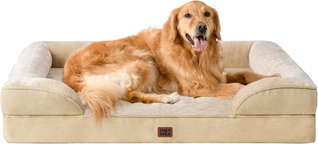 EHEYCIGA Orthopedic Dog Beds for Large Dogs, Waterproof Memory Foam Large Dog Bed with Sides, Non-Slip Bottom and Egg-Crate Foam Pet Couch Bed with Washable Removable Cover, Greige