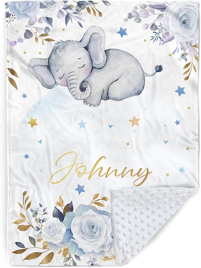 Personalized Baby Blanket for Boys Girls, Custom Baby Blanket with Name, Flannel Blue Elephant Blanket Personalized Gifts for Kids Newborn Infant, Ideal for Birthday Baby Shower(30”x40)