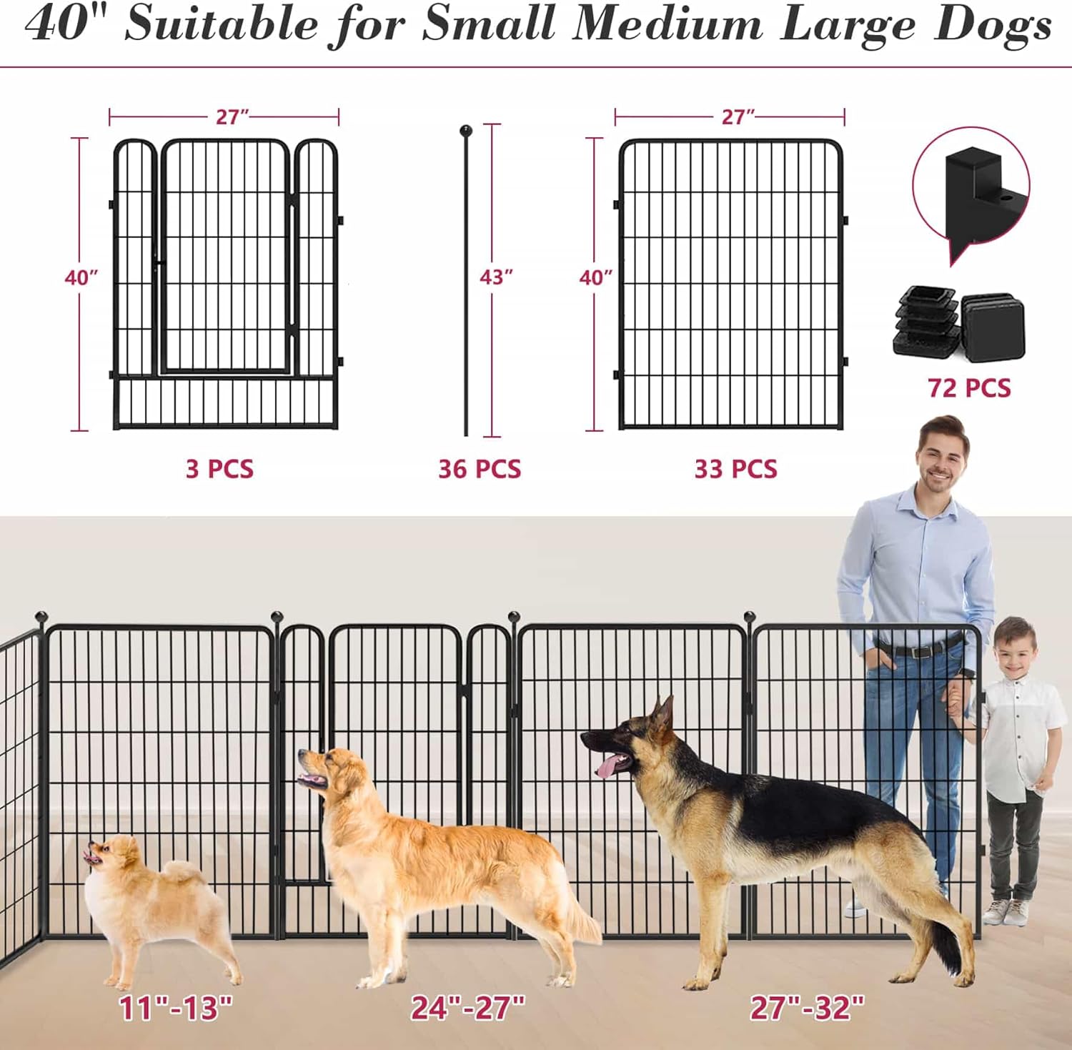 Dog Playpen 40 inch 36 Panels Indoor Outdoor Dog Pen for Large/Medium/Small Dogs Heavy Duty Metal Dog Fence Outdoor for Yard, Puppy Playpen with Door Portable Pet Fence for RV Camping Yard