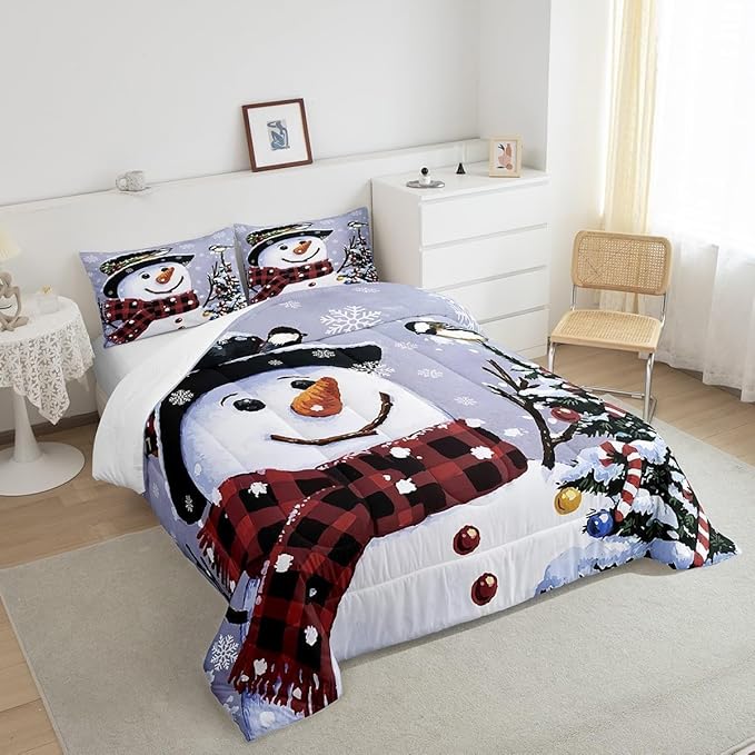 Feelyou Kids Christmas Theme Decorations Bedding Set Xmas Snowman Comforter Set for Boys Girls Merry Christmas Funny Cute Decor Bedroom Collection 2Pcs Toddler Size