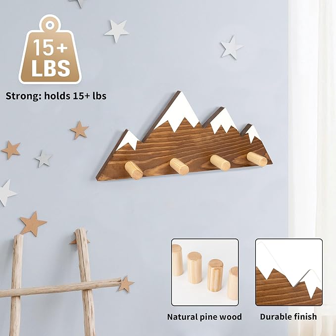 Mountain Wall Hooks - Woodland Nursery Decor - Wall Mount Organizer for Kids Coats & Towels - Ideal Adventure Mountain Decor Baby Shower Gifts - Walnut Finish
