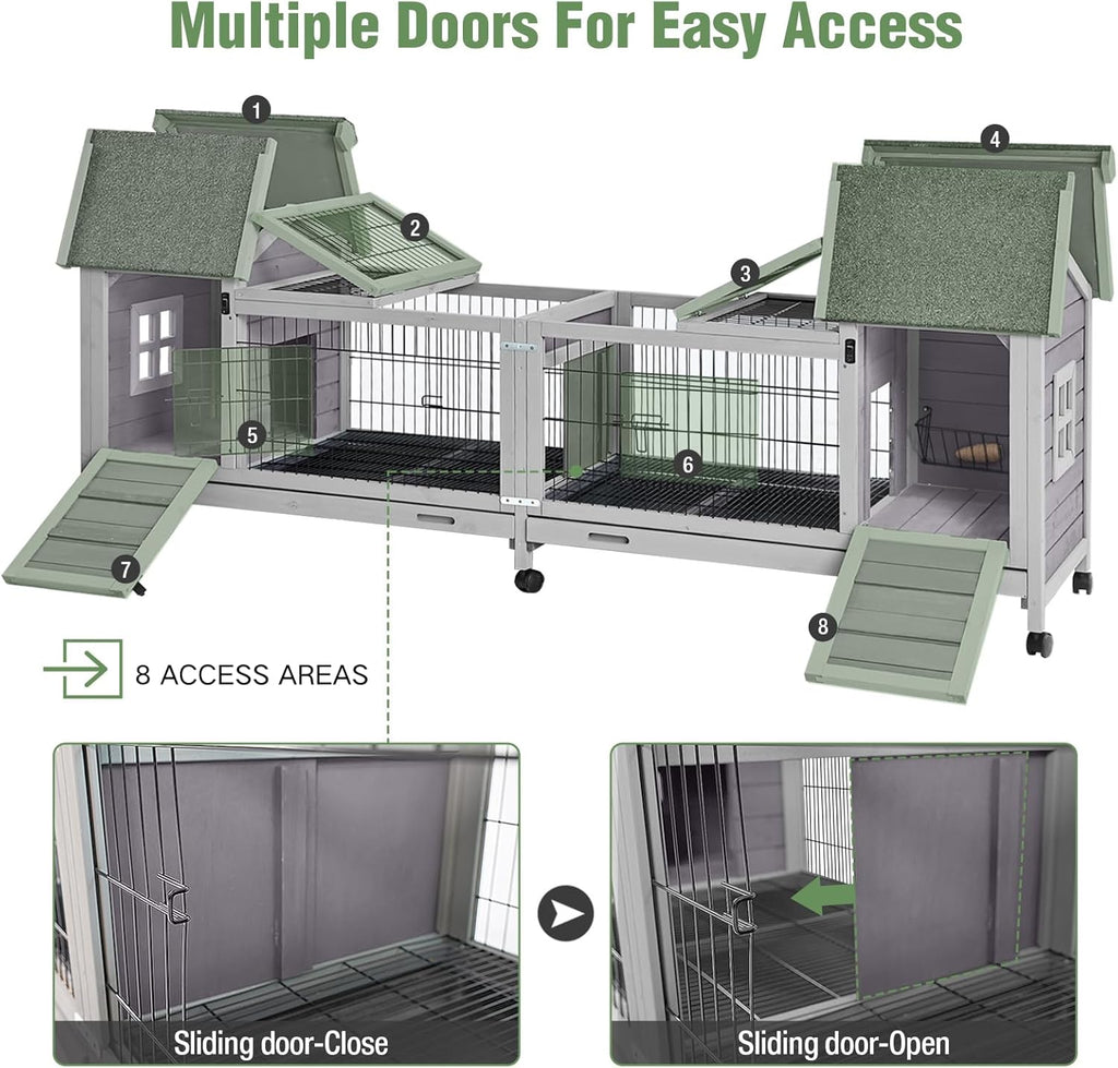Wooden Rabbit Hutch with Wheels, Indoor Outdoor Bunny Cage with Removable Netting, Guinea Pig House with Leak-Proof Trays