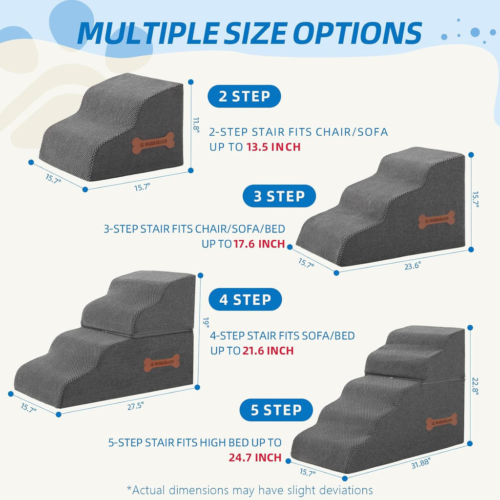 5-Step Spliceable Pet Stairs: Indoor& Outdoor Multi-Use with a Removable Cover and a Pocket, Best for Small Pets and Older Dogs Who Has Spine and Arthritis Issues to Get on High Beds, Grey（22.8" H