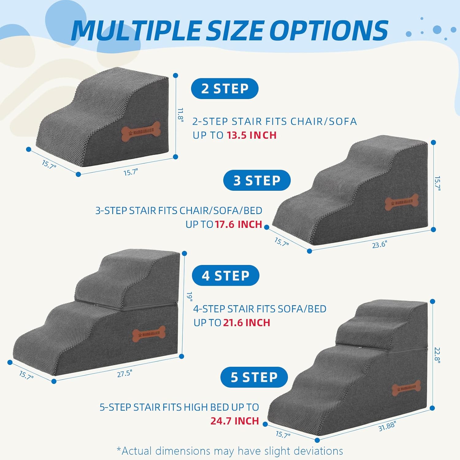 5-Step Spliceable Pet Stairs: Indoor& Outdoor Multi-Use with a Removable Cover and a Pocket, Best for Small Pets and Older Dogs Who Has Spine and Arthritis Issues to Get on High Beds, Grey（22.8" H