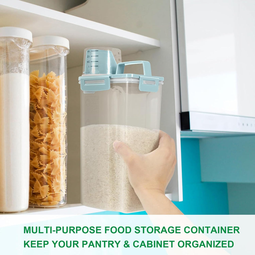 TBMax Rice Container Cereal Storage Container 2 Pack 5 Lbs, Plastic Kitchen Pantry Food Storage Container with Cup, Small Pet Dog Cat Food Dispenser -Blue