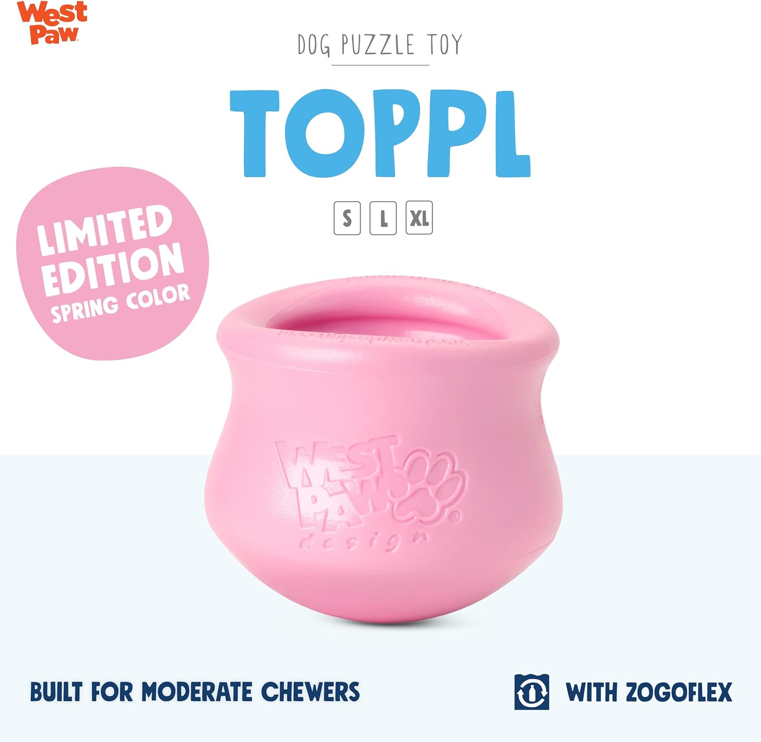 WEST PAW Zogoflex Limited Edition Toppl Treat Dispensing Dog Toy Puzzle – Interactive Chew Toys for Dogs – Dog Toy for Moderate Chewers, Fetch, Catch – Holds Kibble, Treats, Small 3", Bubblegum