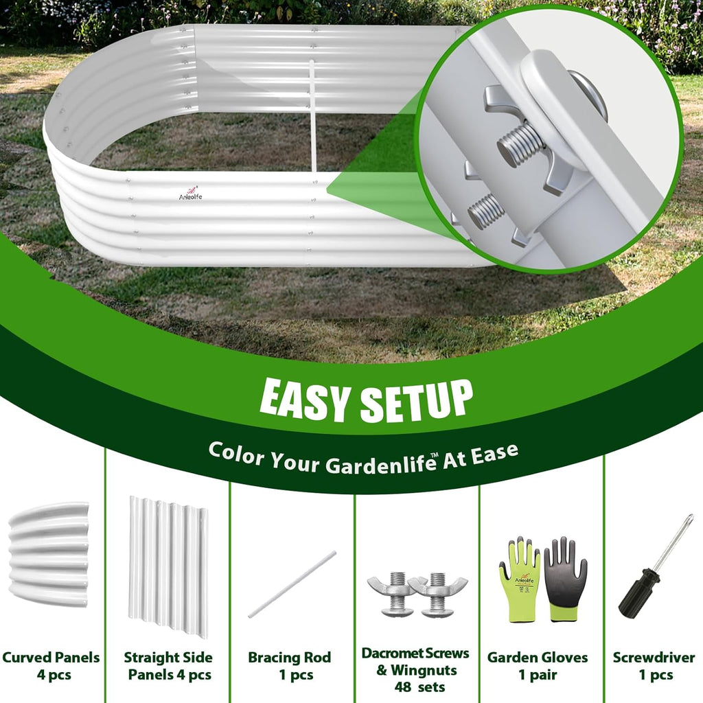 A ANLEOLIFE 6X2X1.5 ft Galvanized Raised Garden Beds Outdoor, Oval Round Metal Planter Box for Planting Vegetables Flowers Herb, Anti-Rust & Easy-Setup, Antique White