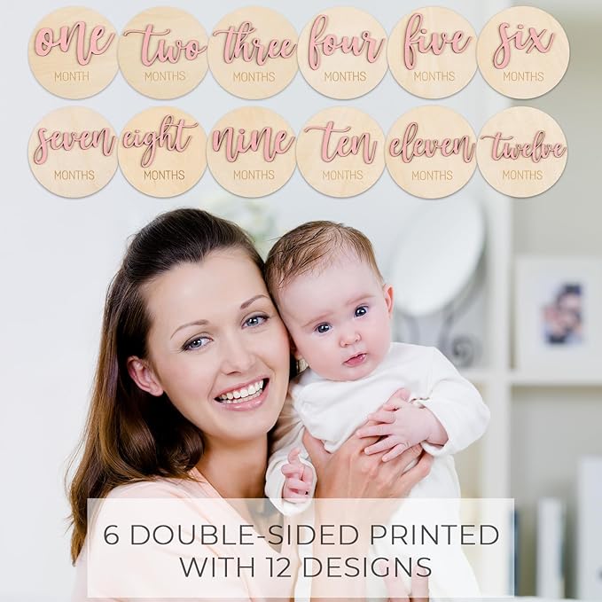 Monthly Baby Girl Milestone Circles: Newborn Milestone Age Wooden Cards from 1-12 Months - Birth One Month Markers Discs for Girls Photo Props