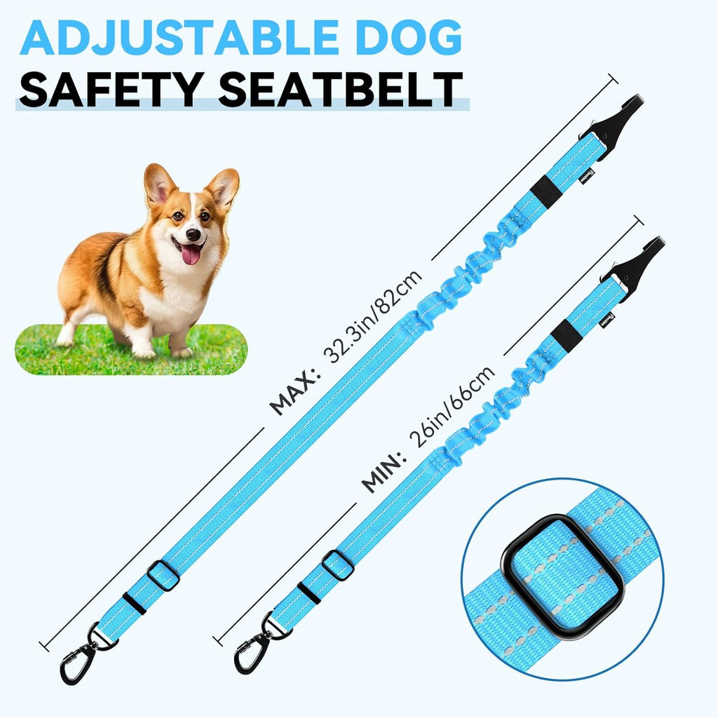 Pawaboo 2Pack Dog Seatbelt for Car, 3-in-1 Dog Seat Belt Bungee, Shockproof Dog Tether for Car with Buckle & Hook Latch, Adjustable Reflective Dog Car Harness Leash with 360° Lockable Buckle, Blue