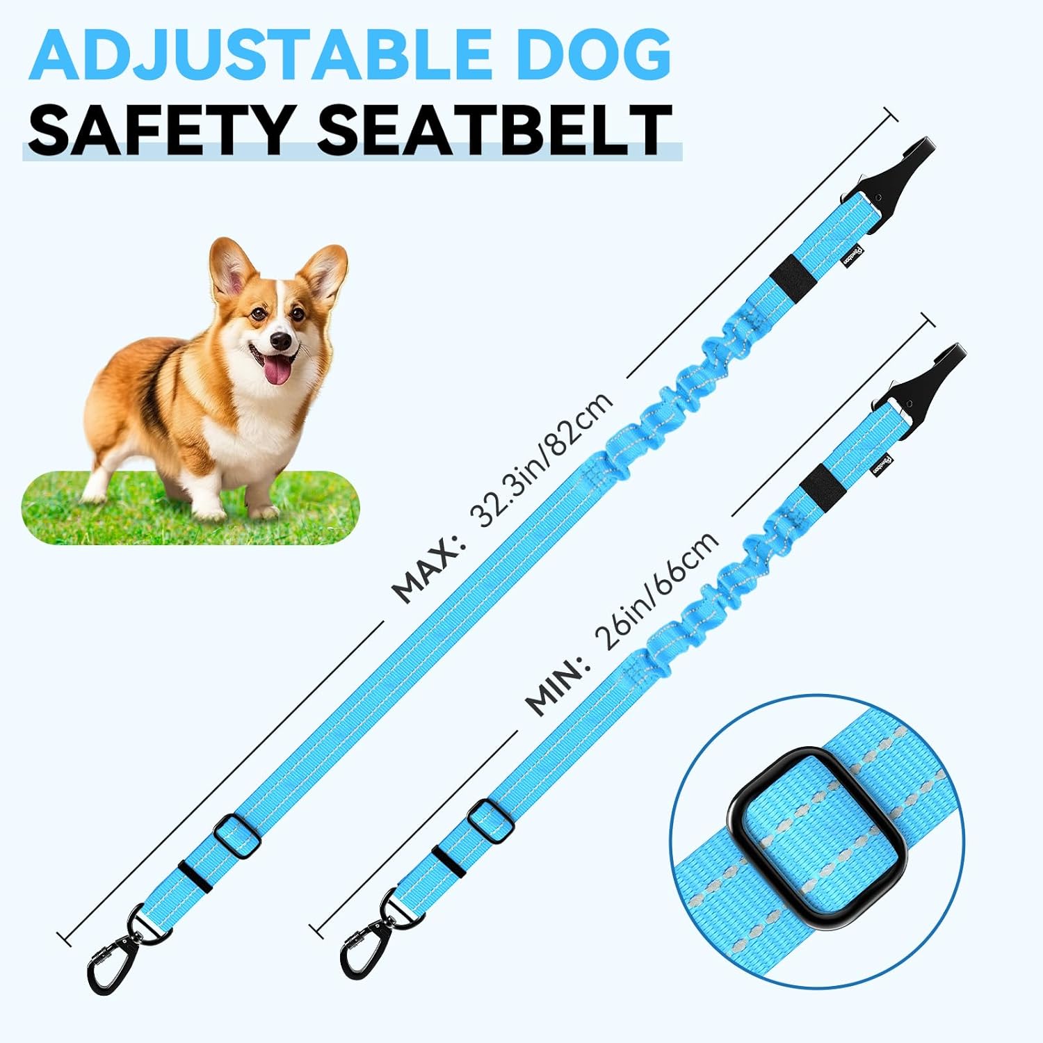 Pawaboo 2Pack Dog Seatbelt for Car, 3-in-1 Dog Seat Belt Bungee, Shockproof Dog Tether for Car with Buckle & Hook Latch, Adjustable Reflective Dog Car Harness Leash with 360° Lockable Buckle, Blue