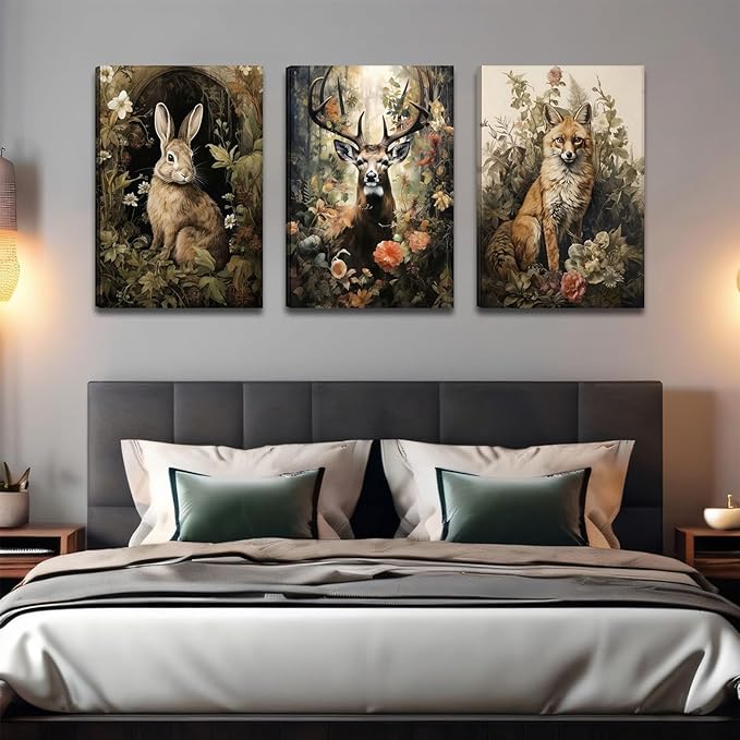 3pcs Vintage Forest Animal Canvas Wall Art Wild Animal Deer Rabbit Fox Paintings Pictures Dark Academia Wall Decor Gothic Botanical Posters Print Artwork for Living Room Office Decor 12x16in
