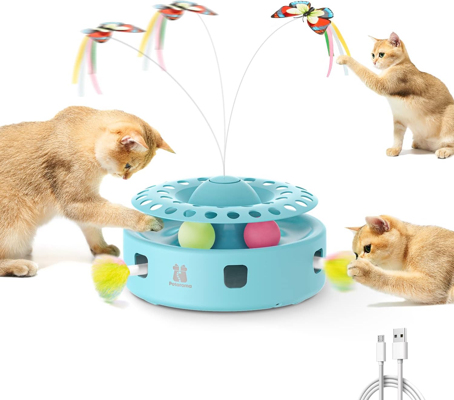 Potaroma Cat Toys 3-in-1 Automatic Interactive Kitten Toy, Fluttering Butterfly, Random Moving Ambush Feather, Track Balls, Dual Power Supplies, USB Powered, Indoor Exercise Cat Kicker (Blue)